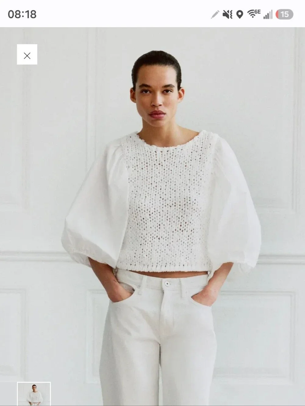 Zara White Crochet Knit Puff-Sleeve Top